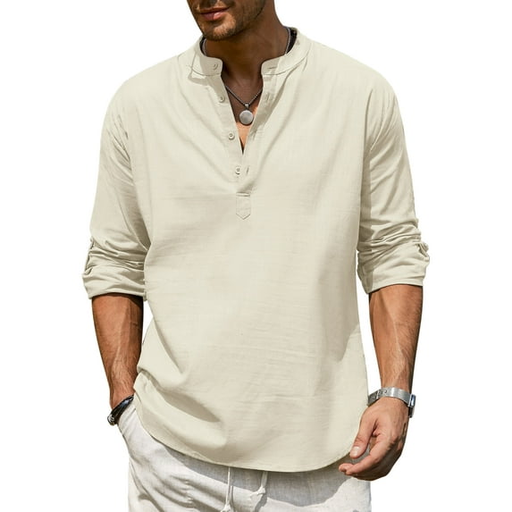 Coshow Men's Cotton Henley Shirt Long Sleeve Hippie Casual Beach T Shirts