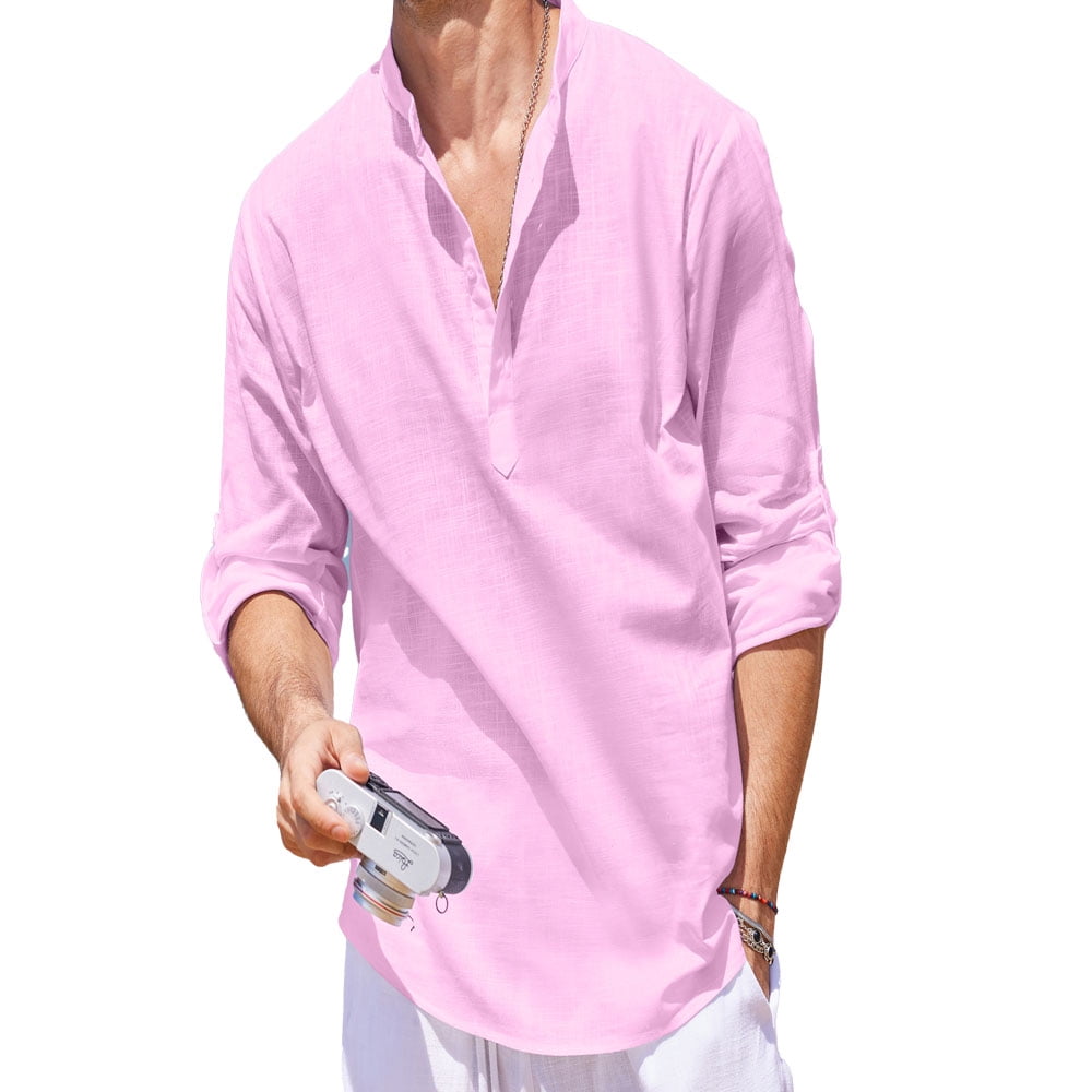 Coshow Men's Cotton Linen Henley Shirt Big and Tall Long Sleeve Hippie