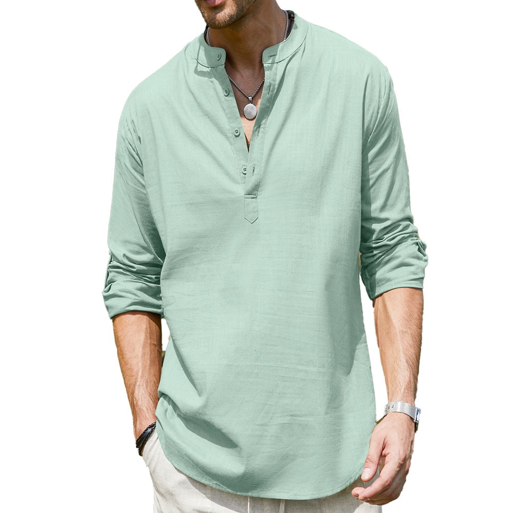 Coshow Men's Cotton Linen Henley Shirt Long Sleeve Hippie Casual Beach T Shirts