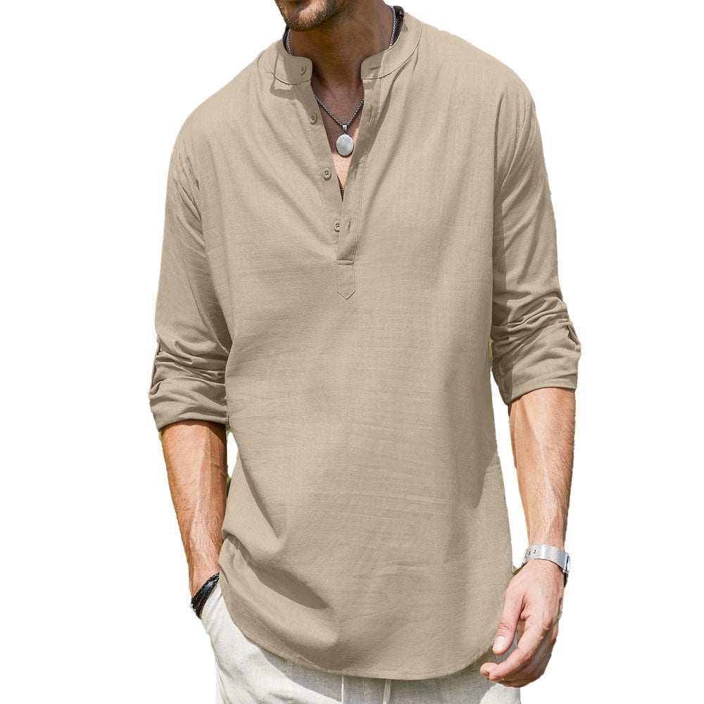 Coshow Men's Cotton Linen Shirt Long Sleeve Casual Stylish Beach T ...