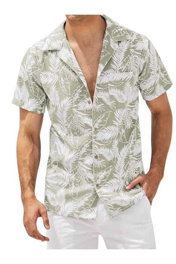 Men's Cotton Linen Shirts Short Sleeve Hawaiian Floral Button Down Beach Shirt Casual Holiday Shirts