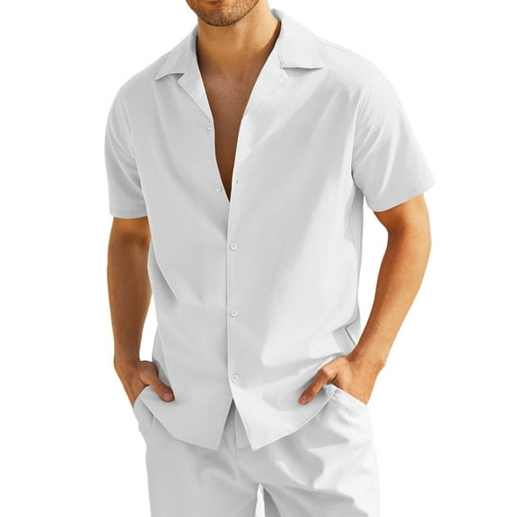 Coshow Men's Cotton Linen Shirts Short Sleeve Hawaiian Floral Button Down Beach Shirt Casual Holiday Shirts