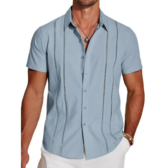 Coshow Men's Button Down Short Sleeve Shirt Cuban Guayabera Casual Summer Linen Beach Shirt