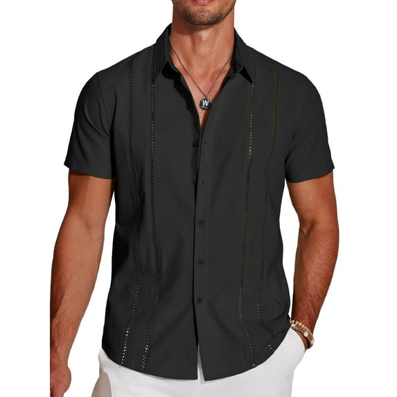 Coshow Men's Button Down Short Sleeve Shirt Cuban Guayabera Casual Summer Linen Beach Shirt