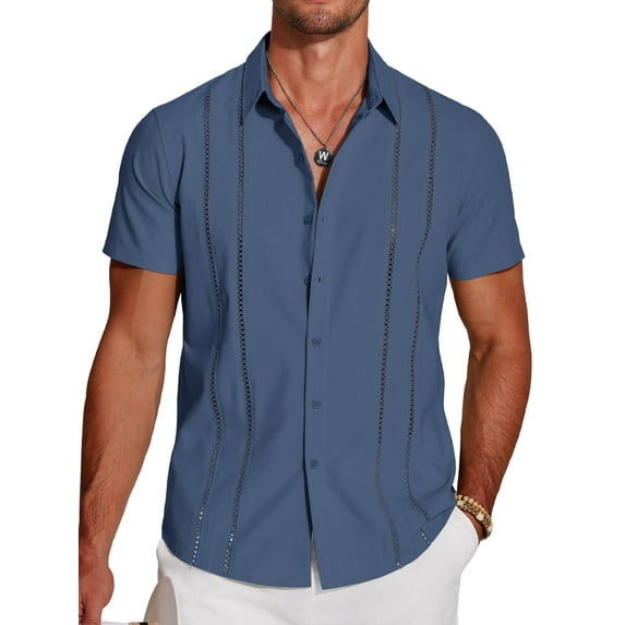 Coshow Men's Button Down Short Sleeve Shirt Cuban Guayabera Casual Summer Linen Beach Shirt
