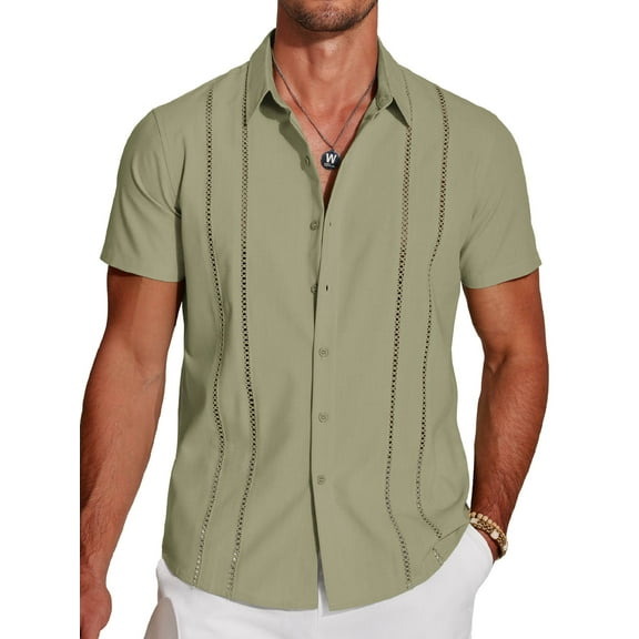 Coshow Men's Button Down Short Sleeve Shirt Cuban Guayabera Casual Summer Linen Beach Shirt