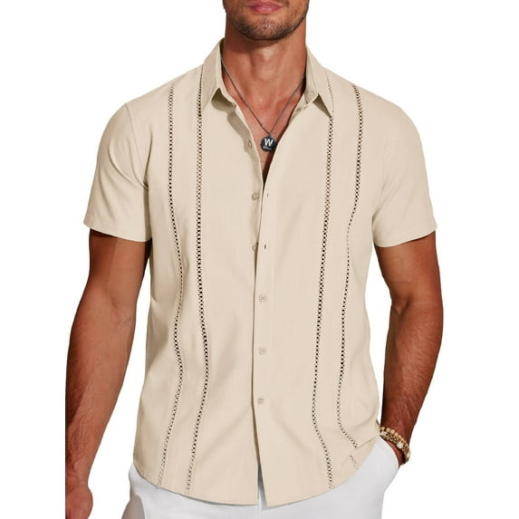 Coshow Men's Button Down Short Sleeve Shirt Cuban Guayabera Casual Summer Linen Beach Shirt