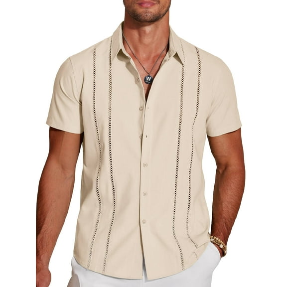 Coshow Men's Button Down Short Sleeve Shirt Cuban Guayabera Casual Summer Linen Beach Shirt
