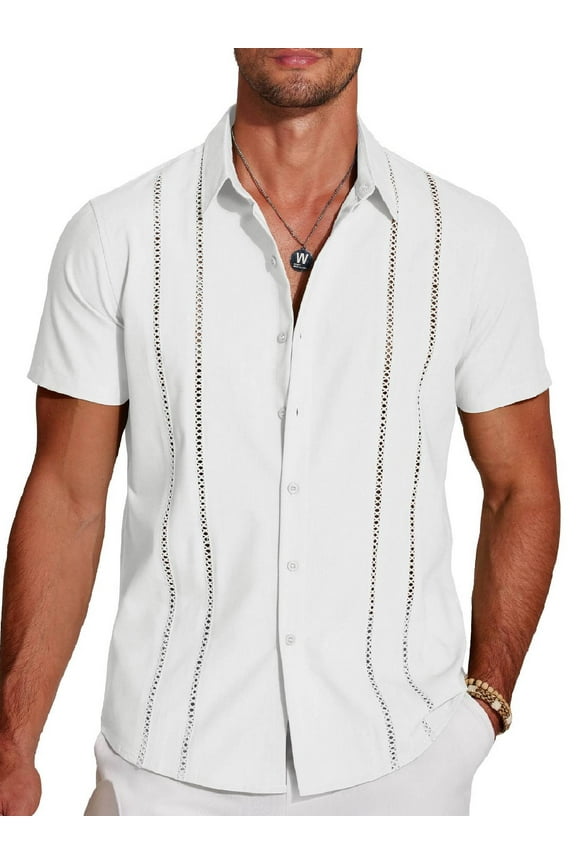 Men's Button Down Short Sleeve Shirt Cuban Guayabera Casual Summer Linen Beach Shirt