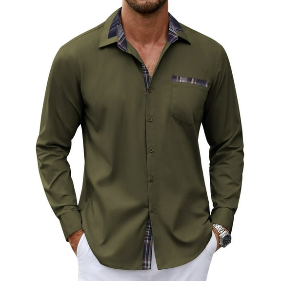 Coshow Men's Long Sleeve Casual Dress Shirt Button Down Plaid Collar Shirts