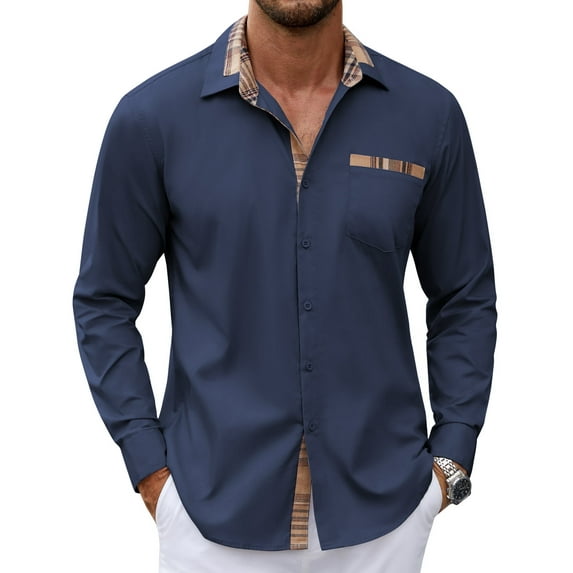 Coshow Men's Long Sleeve Casual Dress Shirt Button Down Plaid Collar Shirts