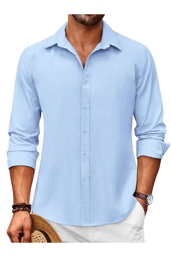 Men's Long Sleeve Linen Button Down Shirts Casual Summer Beach Shirt Business Dress Shirt