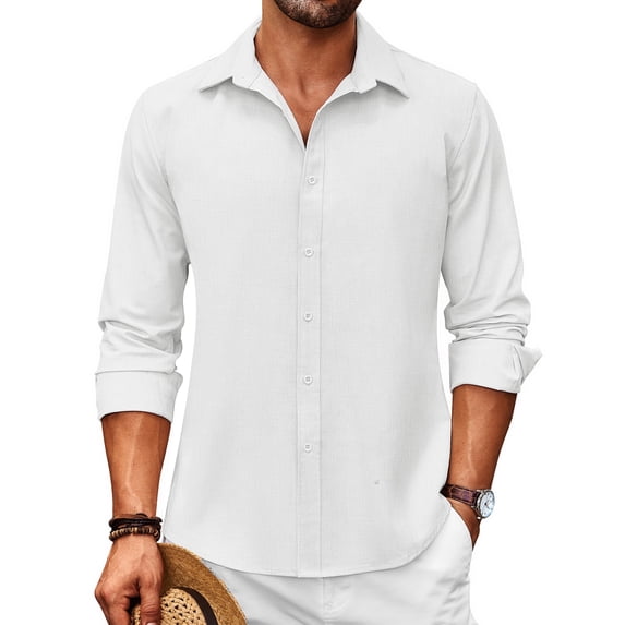 Coshow Men's Long Sleeve Linen Button Down Shirts Casual Summer Beach Shirt Business Dress Shirt
