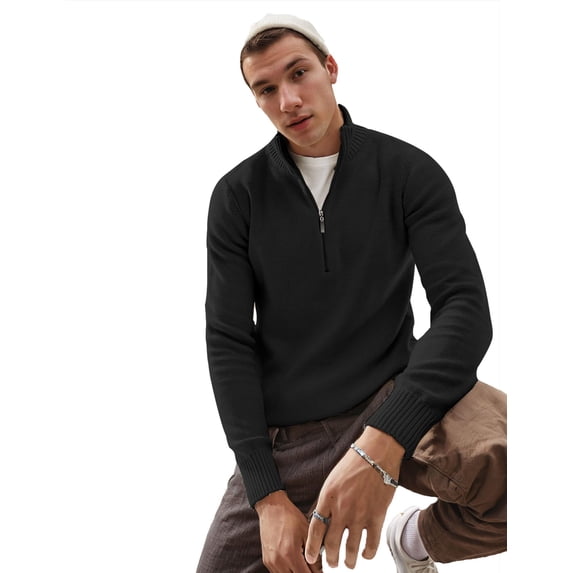 Coshow Men's Quarter Zip Up Pullover Slim Fit Mock Neck Long Sleeve Sweaters Casual Polo Sweatshirt