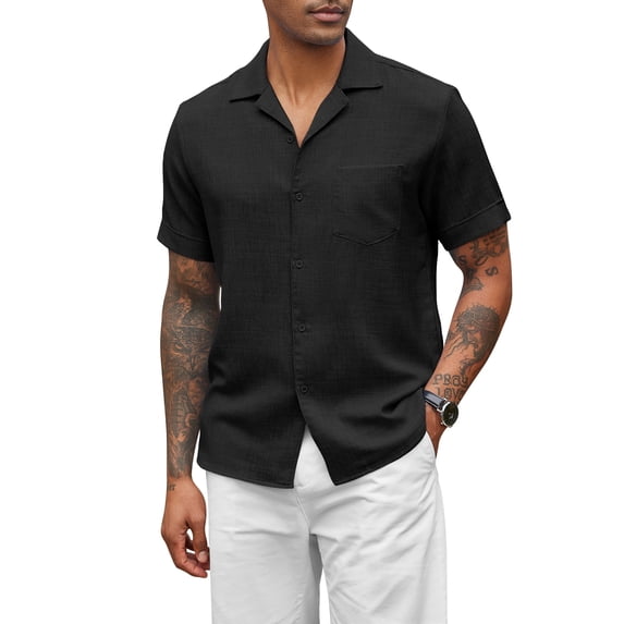 Coshow Men's Short Sleeeve Shirts Casual Button Down Linen Textured Shirt Summer Beach Shirts