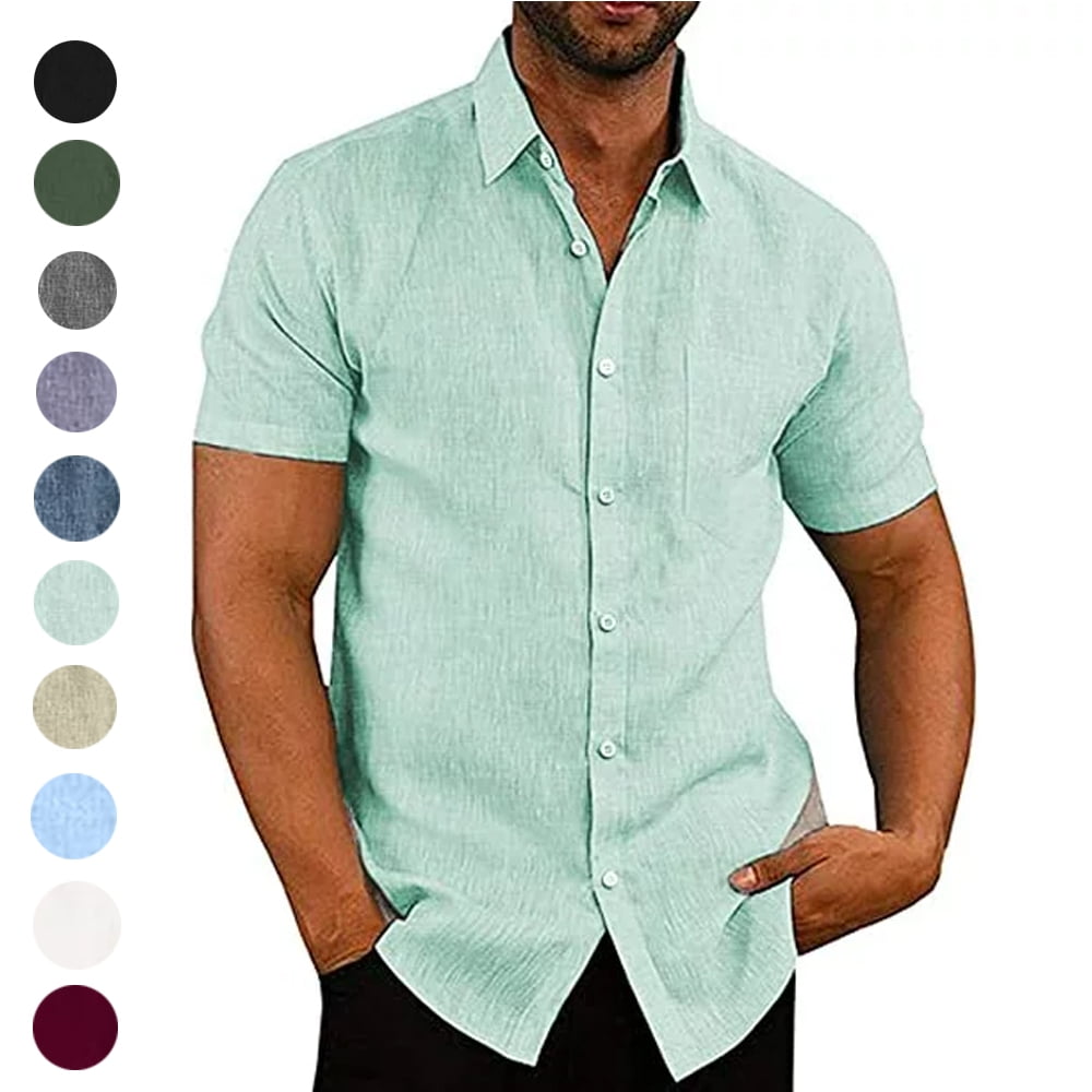 Coshow Men's Short Sleeve Linen Shirt Casual Button Down Beach Shirt