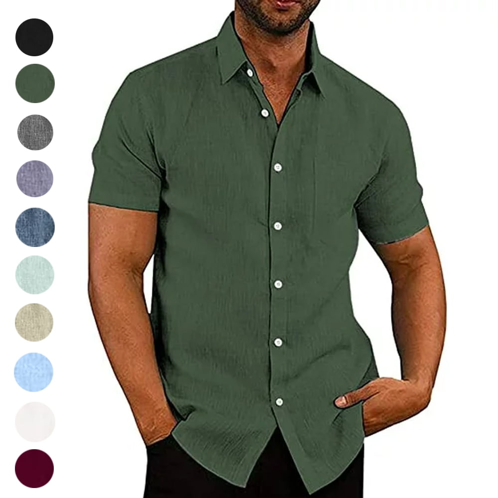 Coshow Men's Short Sleeve Linen Shirt Casual Button Down Beach Shirt ...