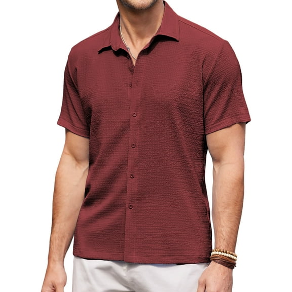 Coshow Men's Short Sleeve Shirts Casual Button Down Shirt Textured Summer Beach Shirt