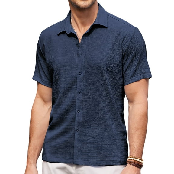 Coshow Men's Short Sleeve Shirts Casual Button Down Shirt Textured Summer Beach Shirt