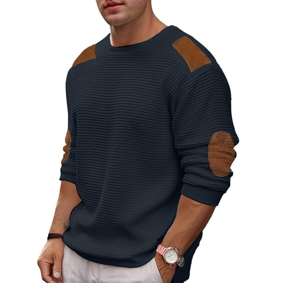 Coshow Mens Crewneck Pullover Sweater Waffle Textured Long Sleeve Knitted Sweaters with Elbow Patches