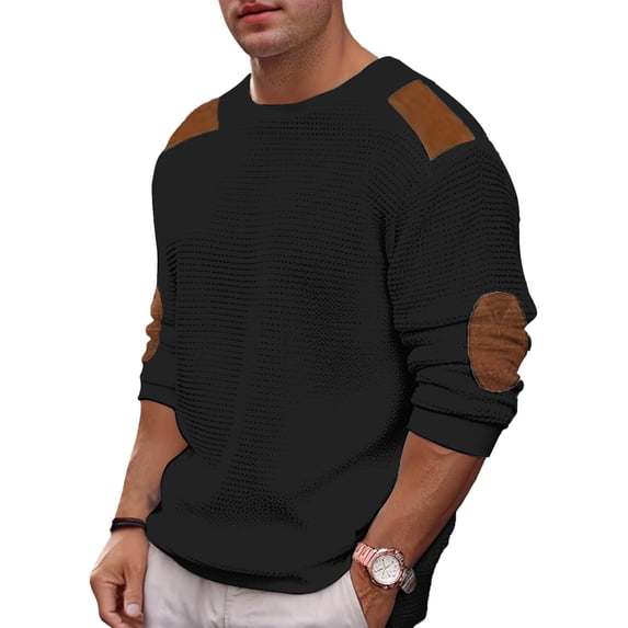 Coshow Mens Crewneck Pullover Sweater Waffle Textured Long Sleeve Knitted Sweaters with Elbow Patches