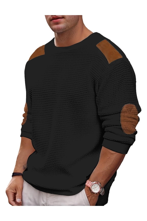 Mens Crewneck Pullover Sweater Waffle Textured Long Sleeve Knitted Sweaters with Elbow Patches