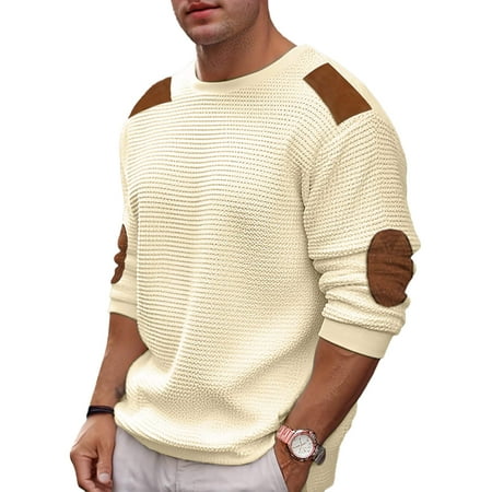 Coshow Mens Crewneck Pullover Sweater Waffle Textured Long Sleeve Knitted Sweaters with Elbow Patches