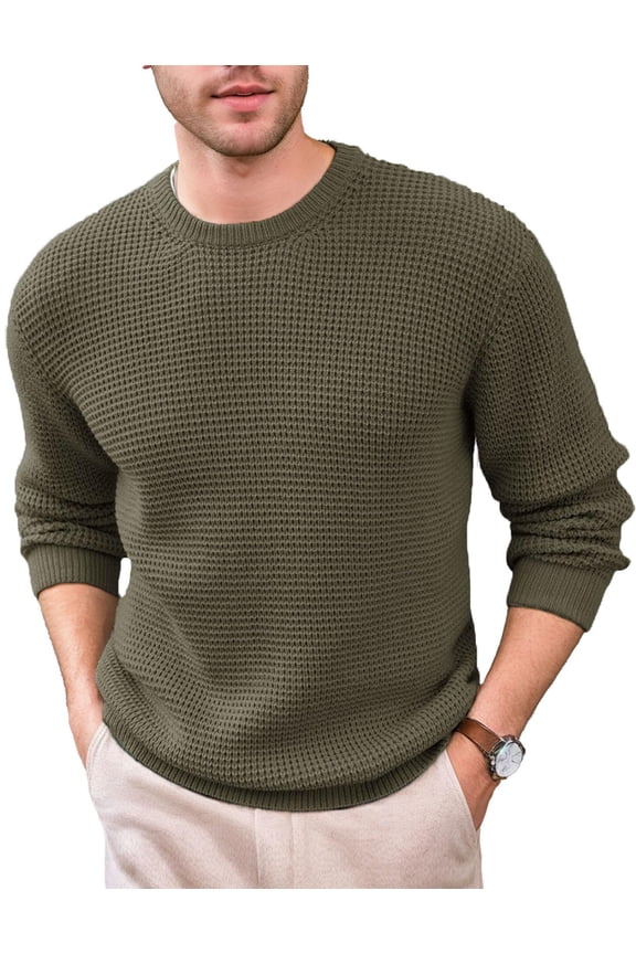 Mens Crewneck Pullover Sweater Waffle Textured Long Sleeve Knitted Sweaters