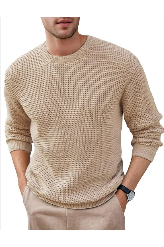 Mens Crewneck Pullover Sweater Waffle Textured Long Sleeve Knitted Sweaters
