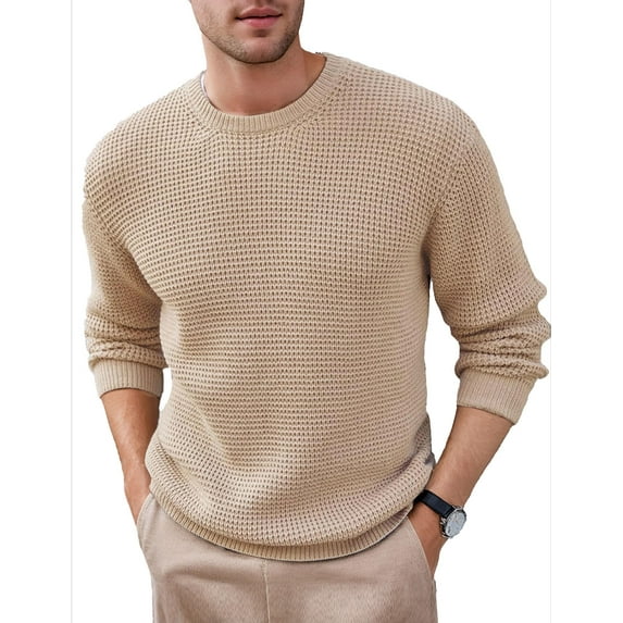 Coshow Mens Crewneck Pullover Sweater Waffle Textured Long Sleeve Knitted Sweaters