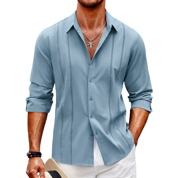Coshow Mens Cuban Guayabera Shirt Casual Button Down Shirts Long Sleeve Summer Beach Shirts