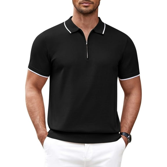 Coshow Mens Zipper Polo Shirt Casual Short Sleeve Knit Polo T Shirt Classic Fit Shirts