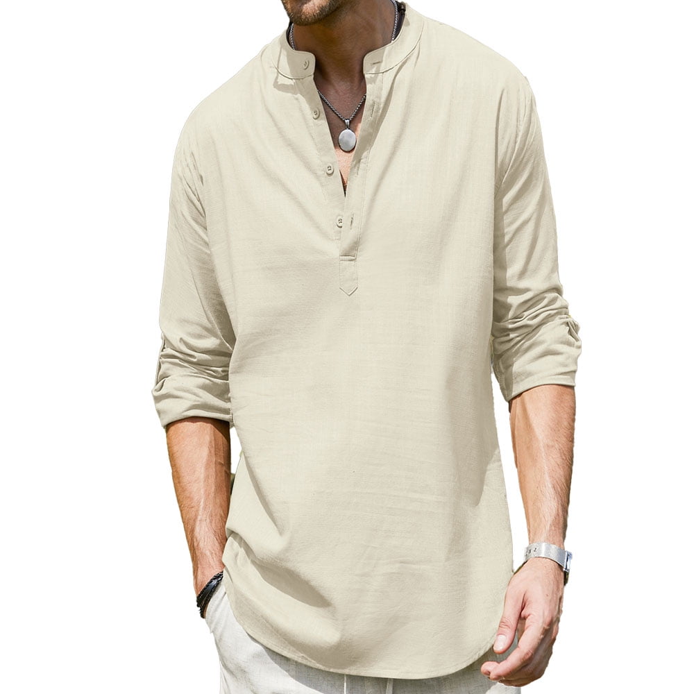 CoshowMen's Cotton Linen Henley Shirt Long Sleeve Hippie Casual Beach T ...