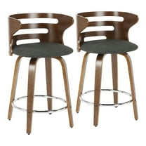 Cosini Mid-Century Modern Counter Stool With Swivel In Walnut And Charcoal Fabric - Set Of 2