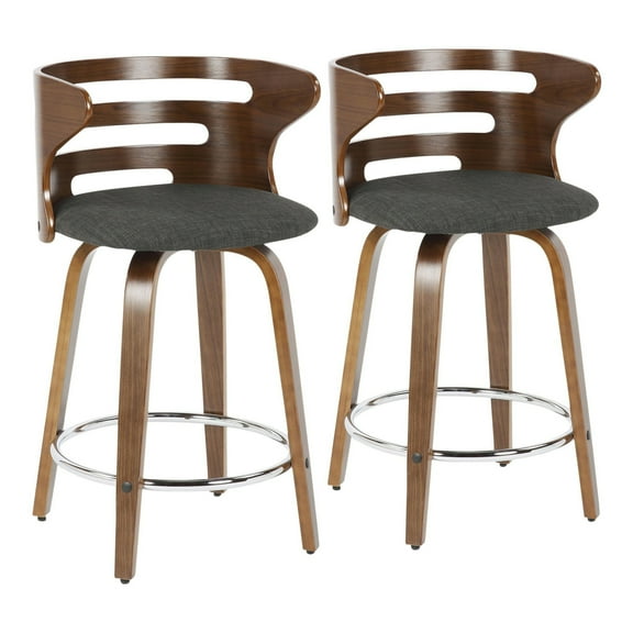 Cosini Mid-Century Modern Counter Stool With Swivel In Walnut And Charcoal Fabric - Set Of 2