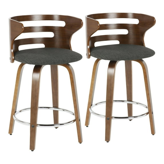Cosini Mid-Century Modern Counter Stool With Swivel In Walnut And Charcoal Fabric - Set Of 2