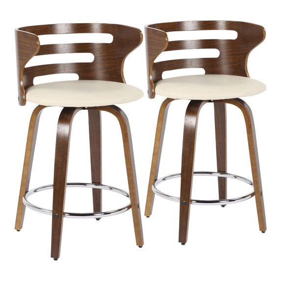 Cosini Mid-Century Modern Counter Stool With Swivel In Walnut And Cream Faux Leather - Set Of 2