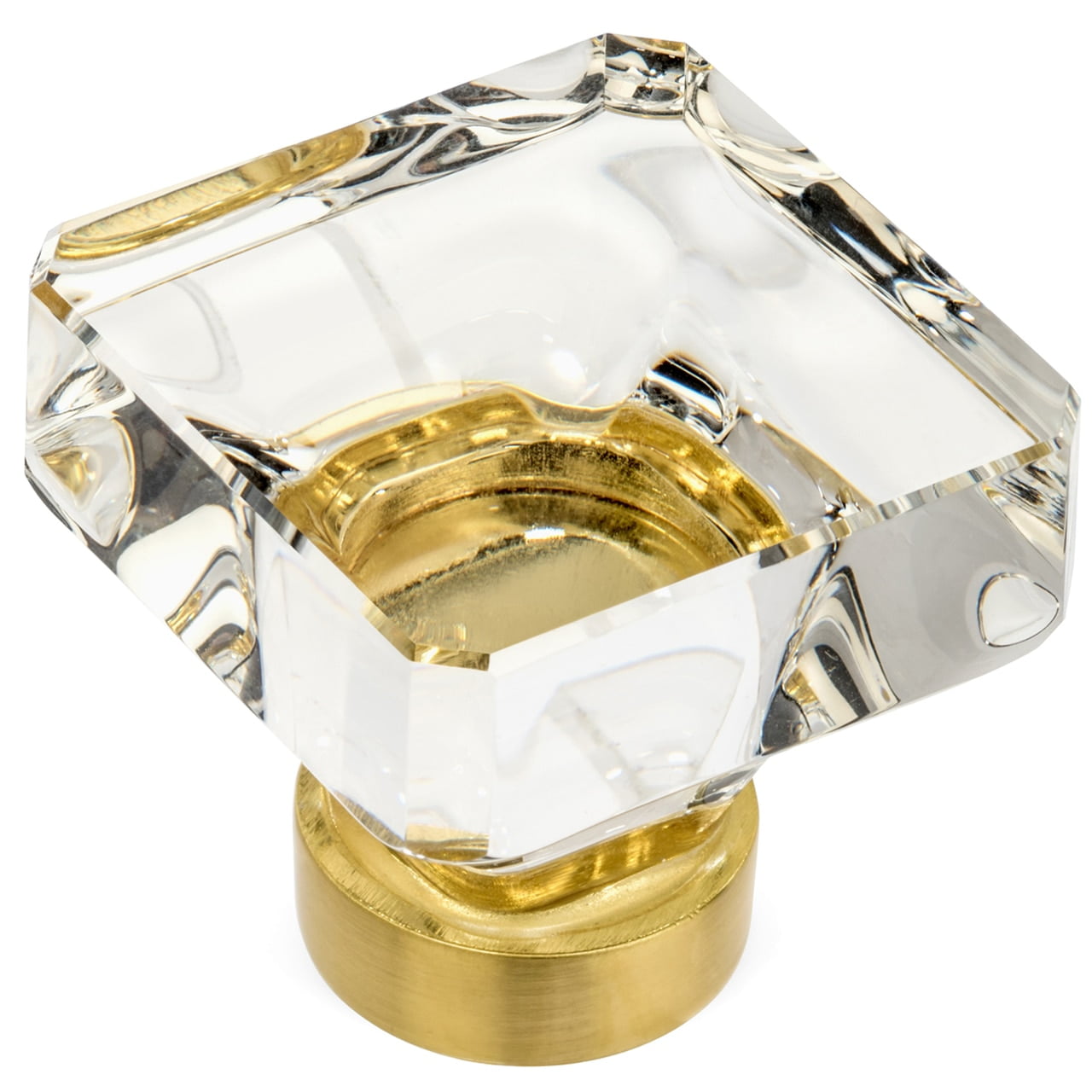 Brushed Brass and Clear Glass Square Cabinet Knob