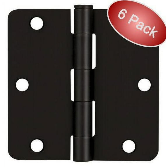 Cosmas Flat Black Door Hinge 3.5" Inch x 3.5" Inch with 1/4" Inch Radius Corners - 6 Pack