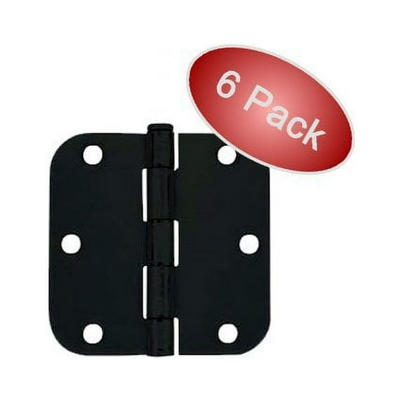 Cosmas Flat Black Door Hinge 3.5" Inch x 3.5" Inch with 5/8" Inch Radius Corners - 6 Pack