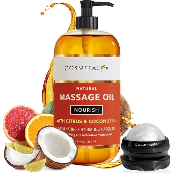 Cosmetasa Body Massage Oil with Citrus and Coconut Oils, Includes Massage Roller Ball, 8.8 fl oz