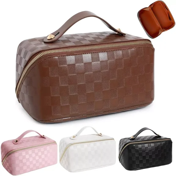 Cosmetic Bag Brown Open-Flat Toiletry Waterproof Organizer with Divider for Gift