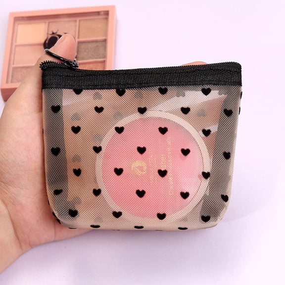 Cosmetic Bag Heart Flocking Mesh Makeup Bag Storage Student Multifunctional Large Capacity Portable Breathable Zipper Small Bag