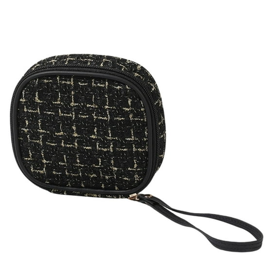 Cosmetic Bag, Mini Toiletry Bag, Small Makeup Pouch with Inner Pocket for Travel and Daily Use, Soft Wool Fabric, Compact Size, Portable Wrist Strap, Golden Plaid Pattern