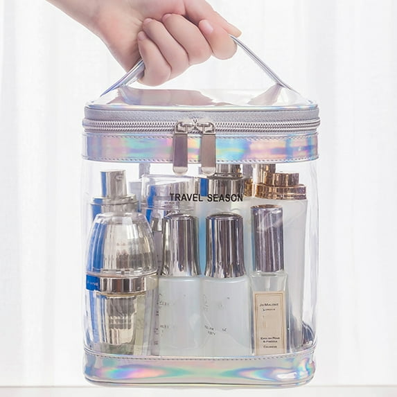 Cosmetic Bag, Portable Clear Toiletry Case Makeup Bag Carry On Transparent PVC Pouch Handbag Storage Organizer with Handle Strap for Women Men Trip Travel Accessories