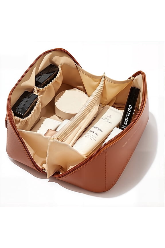 Travel Makeup Bag for Women, Large Capacity Cosmetic Bags, Waterproof Portable Pouch Open Flat Toiletry Bag with Divider & Handle(Brown)