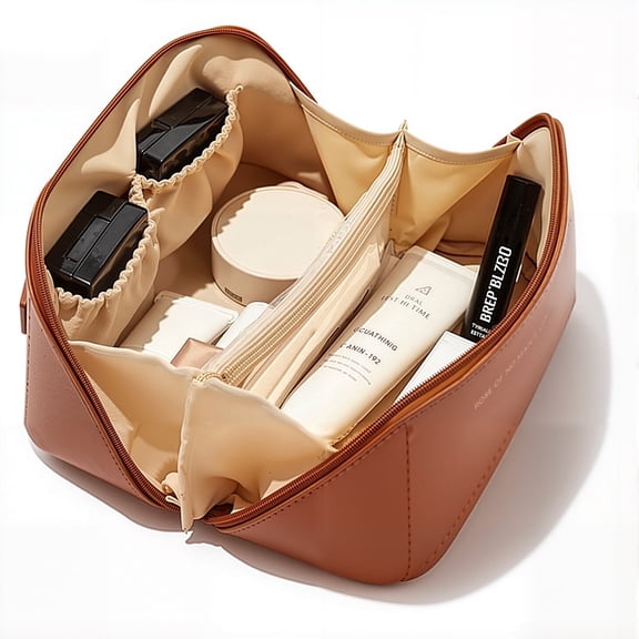 Travel Makeup Bag for Women, Large Capacity Cosmetic Bags, Waterproof Portable Pouch Open Flat Toiletry Bag with Divider & HandleBrown