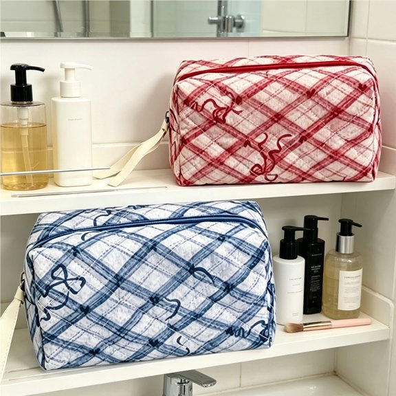 Cosmetic Bag,Travel Organizer,Soft Quilted Octagonal Shape With Bow,Compact Toiletry Storage For Daily Use And Short Distance Trips(Blue)