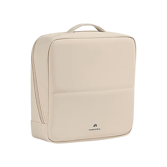 Cosmetic Bag, Vertical Large Capacity PU Leather Travel Toiletry Case Portable Handheld Makeup Organizer Pouch Multifunctional Storage Bag for Beauty Tool Items 9.84x4.92x10.23in Beige