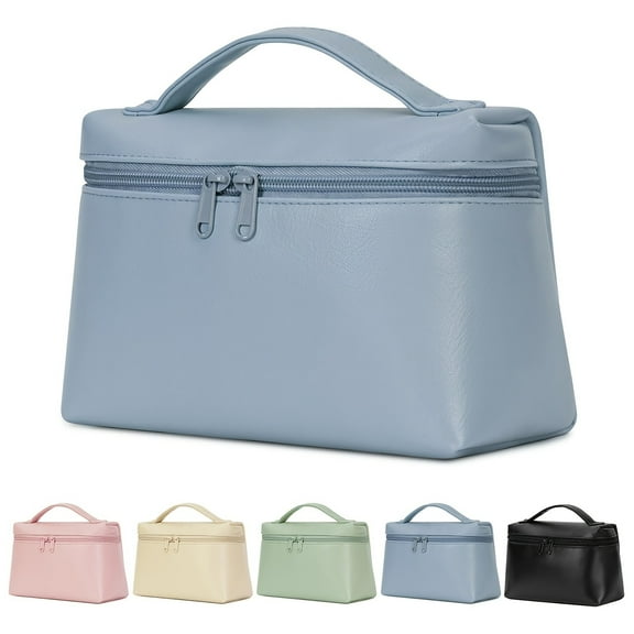 Cosmetic Bag for Women Travel Toiletry Makeup Pouch with Portable Flip & Double Zipper Water-Resistant PU Leather Toiletry Bag, Blue